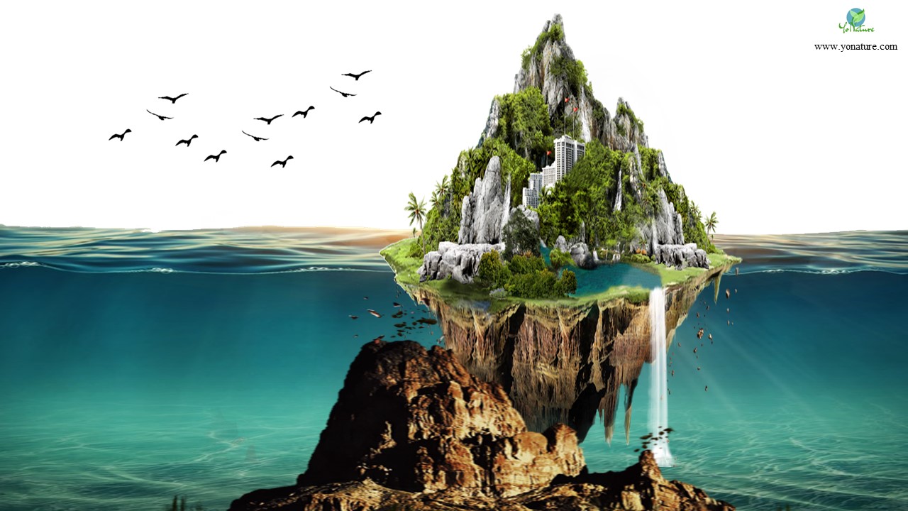 3D image of bluish-green water showing piece of brown underwater continent on which lies a small island with its base arising from the continental mass and green trees and buildings atop the island; black birds fly in the distance.
