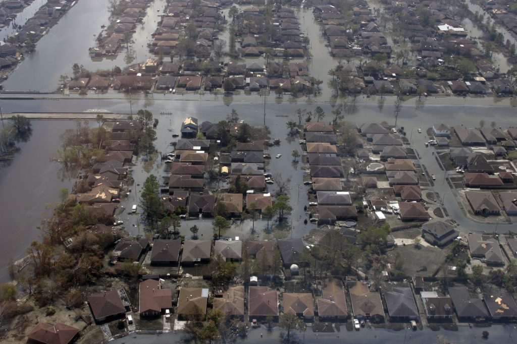 Flooding caused by Hurricane Katrina, 2005, US, aerial image of houses inundated by flood water
Flash floods Mauritius