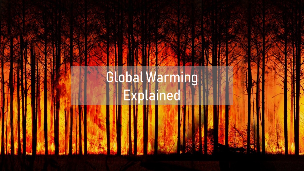 Forest fire due to global warming, orange flames behind black trees with words global warming explained written