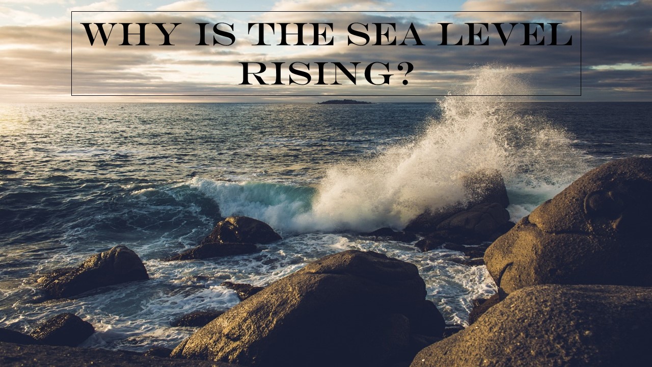 Waves crashing on black rocks at the sea with words Why is the sea level rising