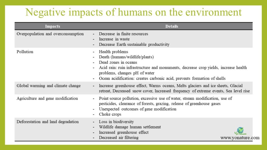 Table of negative impacts of humans on the environment
