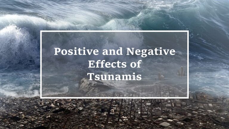 Positive and effects of tsunamis written in white box on background of high tsunami waves looming on small brown cities