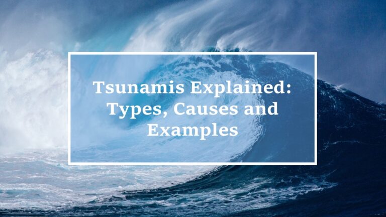 Tsunamis explained: types, causes and examples' written in white bordered box centered on picture of high waves in the background