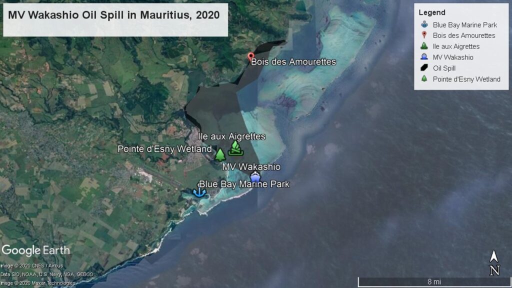 MV Wakashio oil spill in Mauritius; Google map showing extent of spill; left green terrain right dark blue sea, small black spot in the middle depicting oil spill