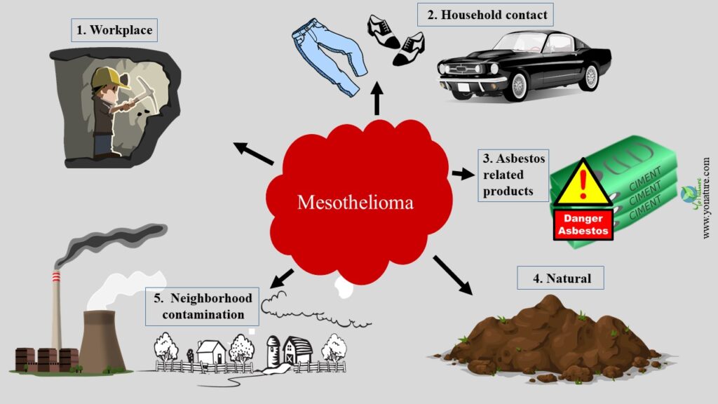 Causes of mesothelioma: red cloud showing mesothelioma, person mining on left, pants, shoes, black car on right, green cement pocket below, soil on right, brown factor and white village in far left