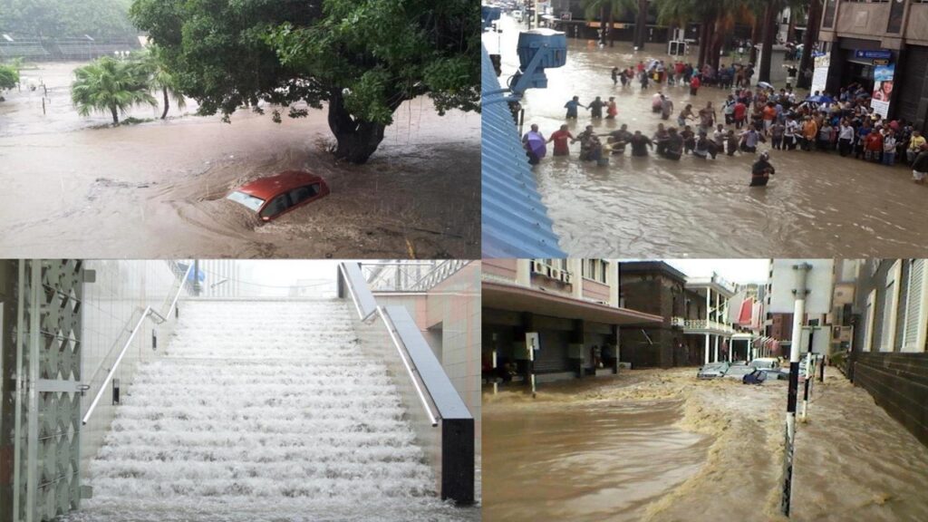 flash flood in Mauritius, extreme weather climate change, 4 pictures of flood event in 2013, top left red car engulfed by brown water in front of green tree, top right, people holding hands in brown flood water, bottom right brown flood water washing away black cars in street, bottom left white flood water rushing down stairs