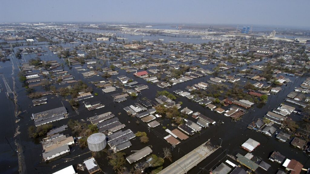 Flooded New Orleans with rainwater from hurricane Katrina, flooding; global warming