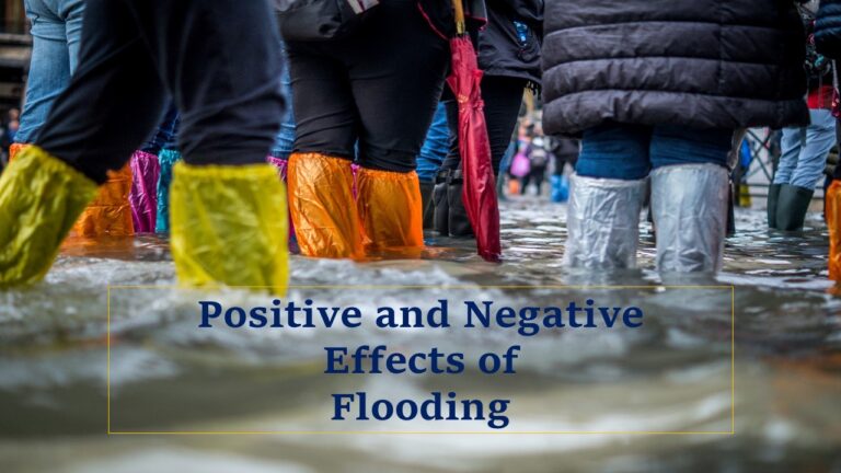 shot of people's legs wearing different coloured shoe cover yellow and orange in foreground walking in brown flood water with words positive and negative effects of flooding written in yellow lined box on picture; flooding