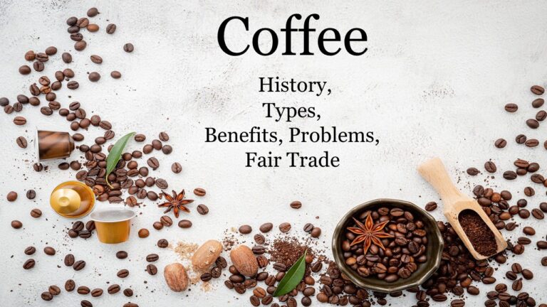 brown coffee beans spread on white background with words coffee, history, types, benefits, problems and fair trade written on picture
