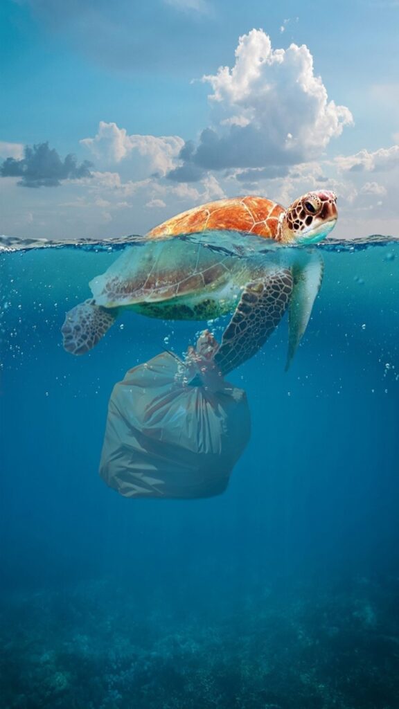 brown sea turtle in sea with paw stuck in plastic bag; negative effects of humans on the environment