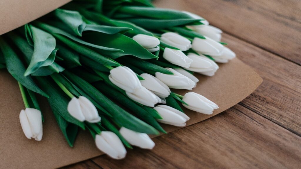 white tulips, with green stalks in brown paper on wood; scientific benefits of fresh flowers