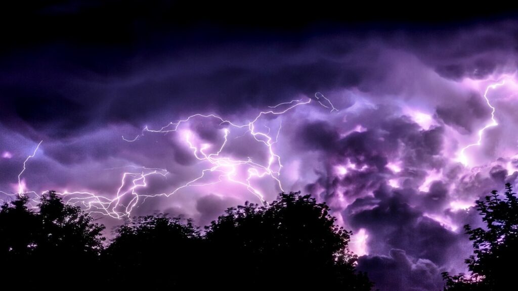 purple sky with black clouds and white lightning strikes over black trees