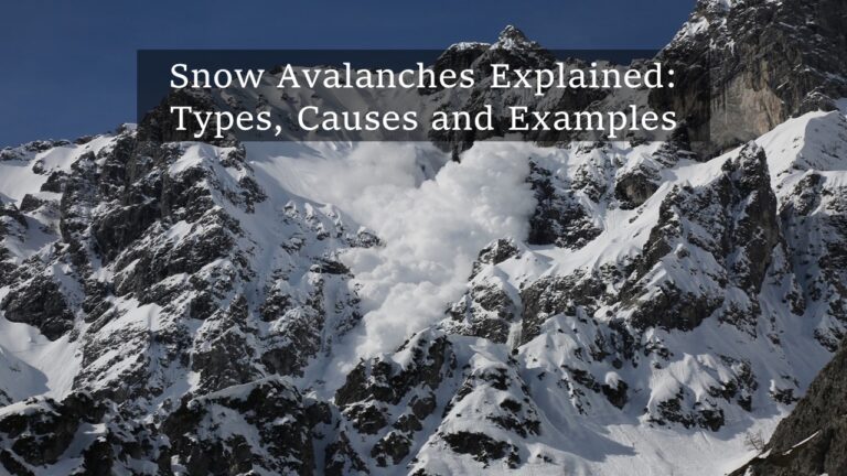 Snow avalanches explained: Types, causes and examples written on photo of white snow falling down black rocky mountain