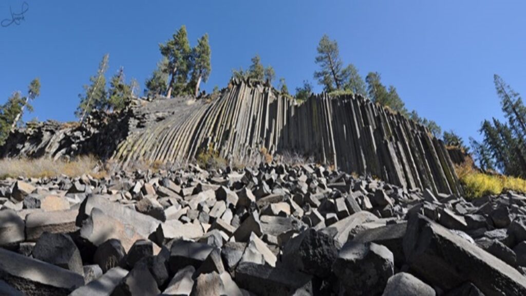Columnar gray walls with green trees on top;Devils Postpile National Monument