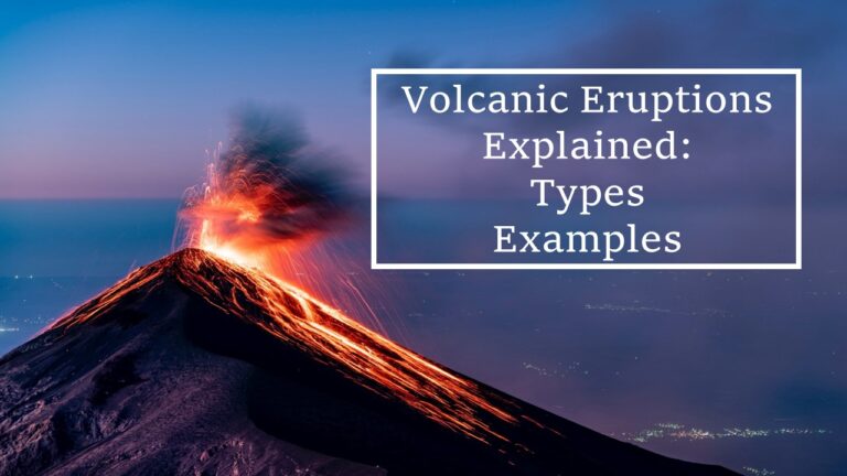 volcanic eruptions explained, types, examples written in white box on picture of erupting volcano